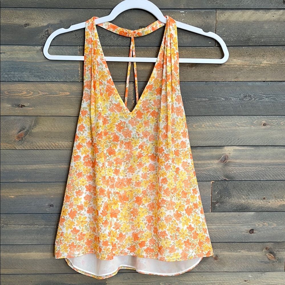 New 1. STATE Glowing Petals Print Halter Gauze Chiffon Top Size L in Cornsilk